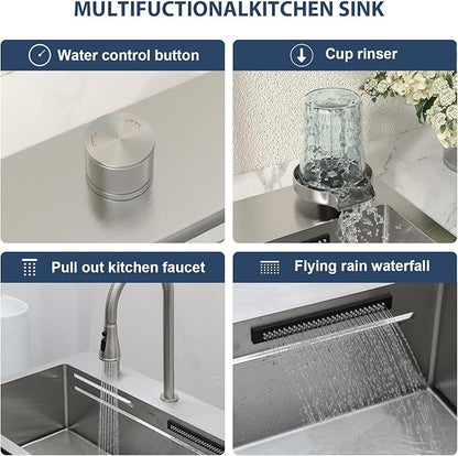 Lordear 31 Drop Kitchen Sink with Faucet Combo 31"x20" Waterfall Kitchen Sink Workstation Stainless Steel 16 Gauge Single Bowl Topmount Handmade Sinks with Pull Out Faucet