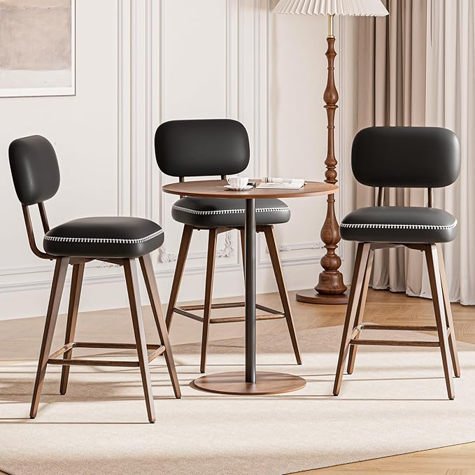 MALOL 26“ Swivel Bar Stools Set of 4, Mid Century PU Leather Counter Height Bar Chairs with Low Back and Metal Legs, Modern Bar Stool Chair for Kitchen Island, Black