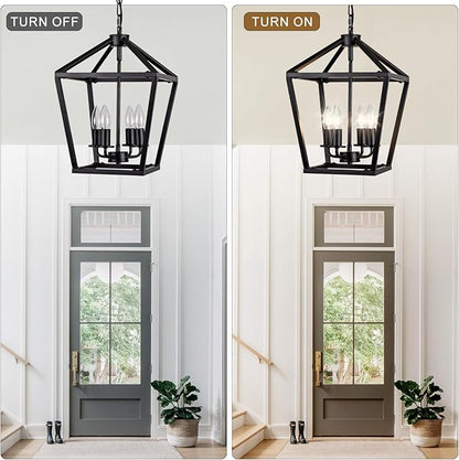 4-Light Black Pendant Lights Kitchen Island, 12 Inch Farmhouse Pendant Light, Adjustable Height Iron Lantern Black Pendant Light Fixtures, Cage Farmhouse Chandelier Island Lights for Kitchen Foyer