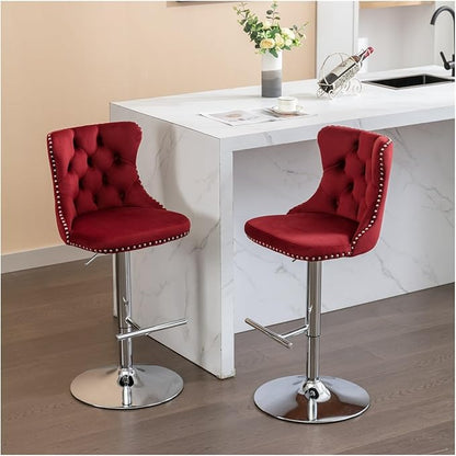 Swivel Velvet Barstools Adjusatble Seat Height from 25-33 Inch, Modern Upholstered Chrome Base Bar Stools with Backs Comfortable Tufted for Home Pub and Kitchen Island（Burgundy,Set of 2）