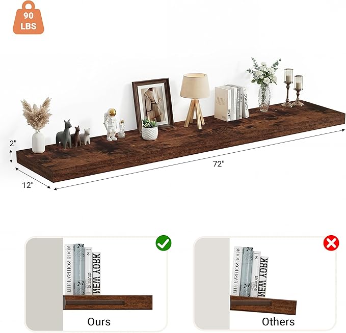 Heimlove 12 Inch Deep Floating Shelves, 72 x 12 inches Long Wall Shelf, Large Extra Display Shelf & Storage Shelf, Rustic Wood Wall Shelves for Fireplace Mantel, Rustic Brown - 1Pack