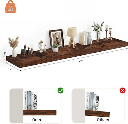 Heimlove 12 Inch Deep Floating Shelves, 72 x 12 inches Long Wall Shelf, Large Extra Display Shelf & Storage Shelf, Rustic Wood Wall Shelves for Fireplace Mantel, Rustic Brown - 1Pack