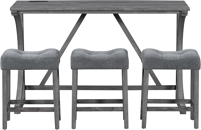 HABITRIO Bar Table and Chairs Set, 4 Piece Kitchen Table Set with Power Outlet, High Top Table with 3 Fabric stools for Small Space, Dining Room, Gray