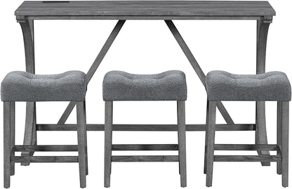 HABITRIO Bar Table and Chairs Set, 4 Piece Kitchen Table Set with Power Outlet, High Top Table with 3 Fabric stools for Small Space, Dining Room, Gray