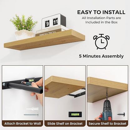 Dreamland 48 Inches Floating Shelves for Wall, 9.3 Inch Deep Floating Shelves Set of 2, Large Display & Storage Shelf, Wall Shelf for Bathroom Bedroom Living Room Kitchen Office,Oak