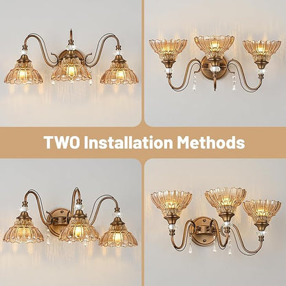 Vintage Bathroom Vanity Light, 3-Light Matte Antique Brass Finish Wall Sconce with Hanging Crystal Accents and Flower-Shaped Amber Glass Shades, Retro Wall Mount Vanity Light Over Mirror for Bathroom