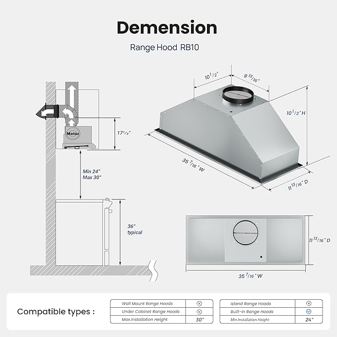 VIKIO HOME Range Hood Insert 36 Inch 900 CFM, 5-Layer Aluminum Mesh Filter, Ducted/Ductless Stainless Steel Built Kitchen Vent, 3-Speed Push Button Controls&LED Lights