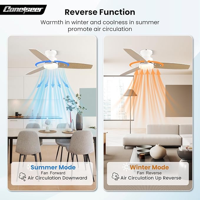 42 Inch Ceiling Fans with Lights and Remote, Bedroom Living Room Office, Flush Mount, 3CCT Dimmable, Dual Color 3 Blades 6 Speed Reversible Quiet DC Motor, White/Wood Grain, 2 Pack