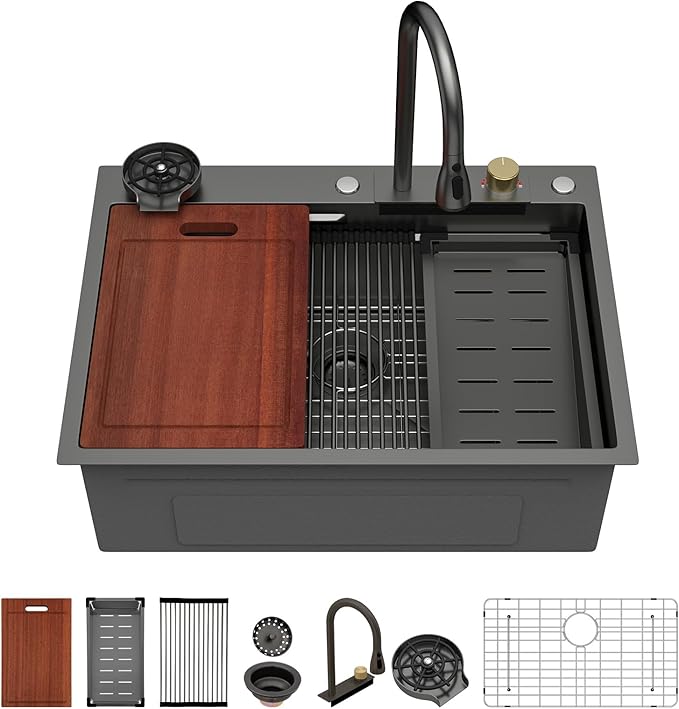 Sarlai black Waterfall Kitchen Sink - 28x22 Black Waterfall Drop In Workstation Sink Stainless Steel 16 Gauge Sinks Multifunction Single Bowl Smart Top Mount Kitchen Sinks with Faucet Combo