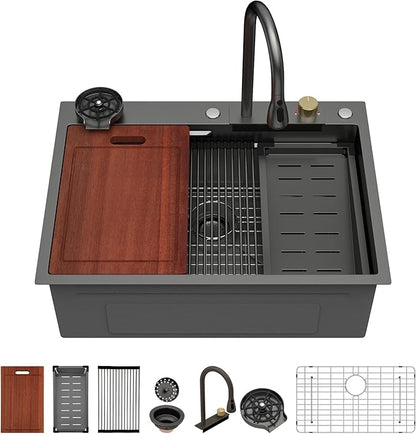 Sarlai black Waterfall Kitchen Sink - 28x22 Black Waterfall Drop In Workstation Sink Stainless Steel 16 Gauge Sinks Multifunction Single Bowl Smart Top Mount Kitchen Sinks with Faucet Combo