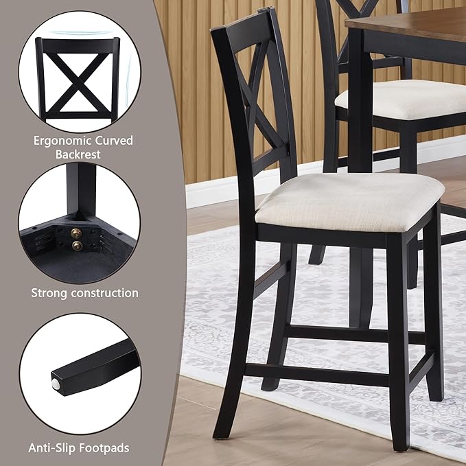 5 Piece Counter Height Dining Set with 4 Chairs, Classic Wooden Table for 4, Farmhouse Style Dining Room Set for Kitchen, Black and Oak Two Tone