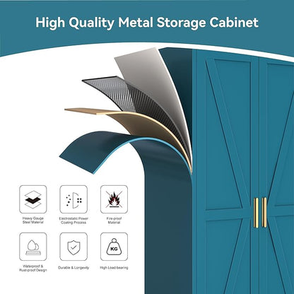 Metal Combination Cabinet, Utility Storage Cabinet with 4 Shelves, Farmhouse Pantry Closet with Doors, 71" Tall Storage Cabinets with Hanging Rod and Clothing Shelf for Hallway Laundry Mudroom