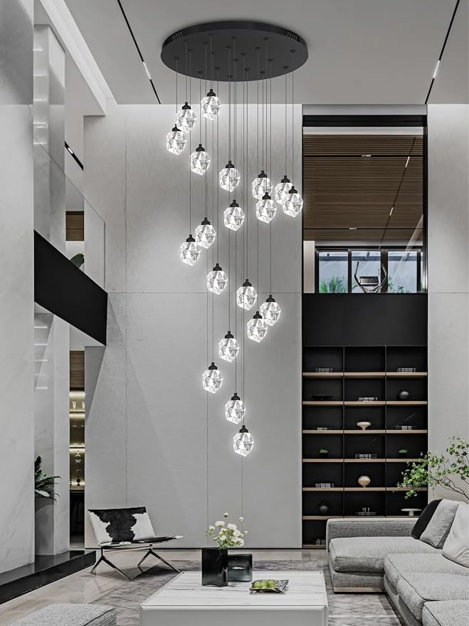 Large High Ceiling Chandeliers Modern Long Spiral Staircase Crystal Chandeliers,K9 Crystal Drop Chandelier for Foyer Entryway 20 Lights Black D28XH135inch