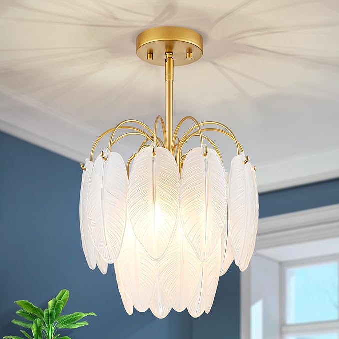 LumFurn D12inch 3-Light Glass Chandeliers, Modern 2-Tier Pendant Light Fixture for Dining Room, Living Room, D12x18~47Inch Adjustable Height, White Frosted Glass Feather Shade & Gold Finish Frame