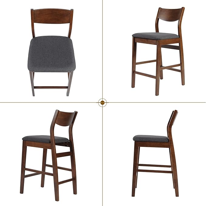Counter Height Bar Stool Set of 2, Solid Wood Counter Height Chairs with Back, Mid-Century Upholstered Dining Chair with 24 Inches Seat Height, Kitchen, Dining Room, Brown