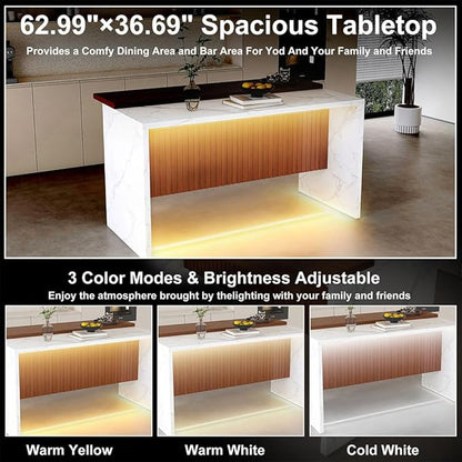 63" Large Imitation Marble Dining Table with LED Lights, Modern Kitchen Island Table for 4–6 People, Bar Height Dining Table with Marble Stripes & Grille Base Design,White