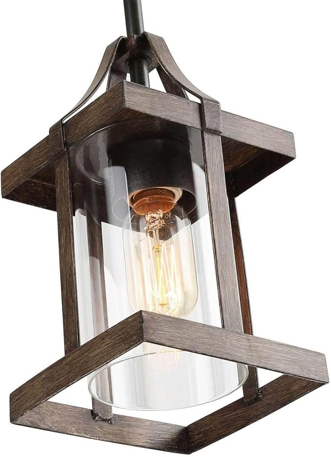 LALUZ Pendant Lights Kitchen Island, Farmhouse Pendant Lighting for Kitchen Island, Rustic Faux Wood Pendant Light with Clear Glass Shade