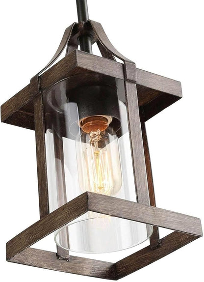 LALUZ Pendant Lights Kitchen Island, Farmhouse Pendant Lighting for Kitchen Island, Rustic Faux Wood Pendant Light with Clear Glass Shade