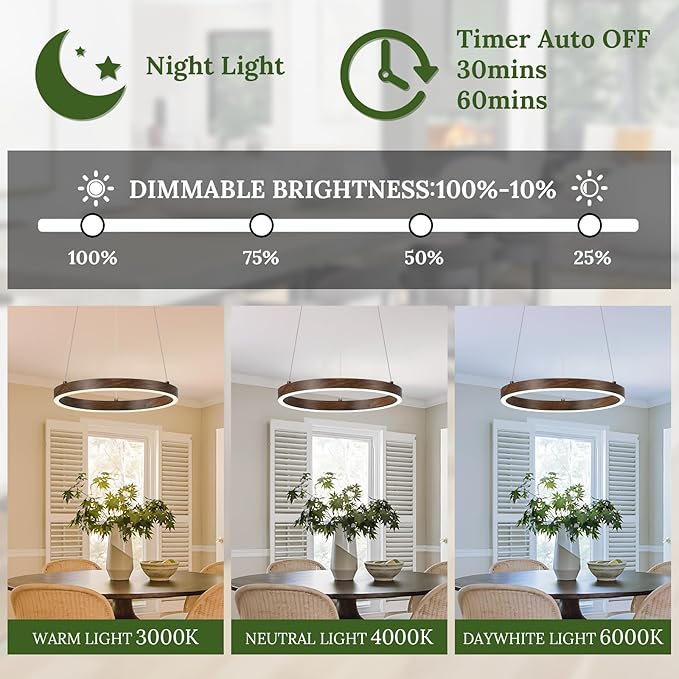 12in LED Ring Chandelier Wood Grain Modern Dimmable Pendant Light Height Adjustable Circular Hanging Ceiling Fixture for Kitchen Island Dining Table Entryway Sink