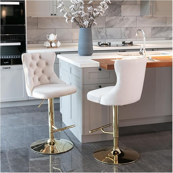 Golden Swivel Velvet Barstools Adjusatble Seat Height from 25-33 Inch,Modern Upholstered Bar Stools with Backs Comfortable Tufted for Home Pub and Kitchen Island,Beige,Set of 2,for Living Room