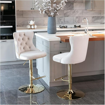 Golden Swivel Velvet Barstools Adjusatble Seat Height from 25-33 Inch,Modern Upholstered Bar Stools with Backs Comfortable Tufted for Home Pub and Kitchen Island,Beige,Set of 2,for Living Room