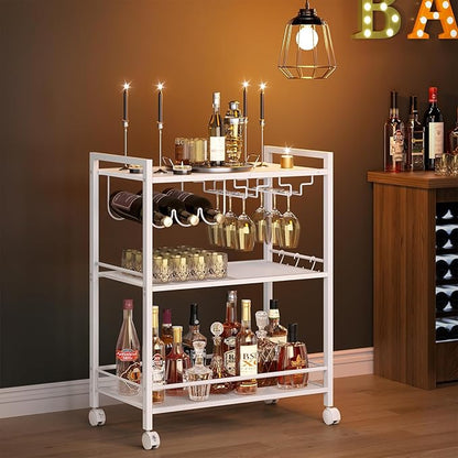 Joaxswe Bar Cart, Home Bar Serving Cart with 3-Tier Shelf,Microwave Cart with Lockable Wheels,Mobile Kitchen Shelf,Rolling Beverage Cart with Wine Rack and Glass Holder for Kitchen,Dinning Room,White