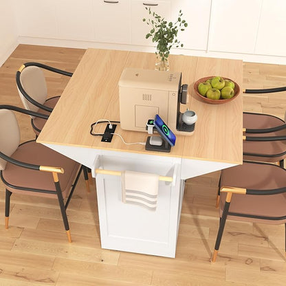 Modern Dining Table 55.7'' Large Kitchen Island with 2 Drop, Rolling Cart on 5 Wheels with Power Outlet, Folding Dining Table with Spice & Towel Rack for Kitchen Living Room,White-MDF
