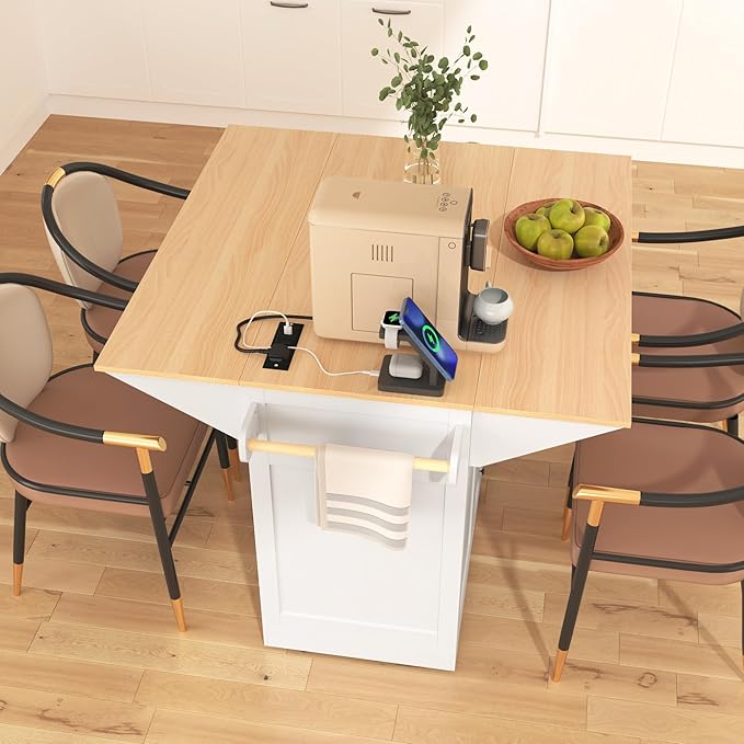 Modern Dining Table 55.7'' Large Kitchen Island with 2 Drop, Rolling Cart on 5 Wheels with Power Outlet, Folding Dining Table with Spice Rack, 3 Drawers, Counter,White-MDF