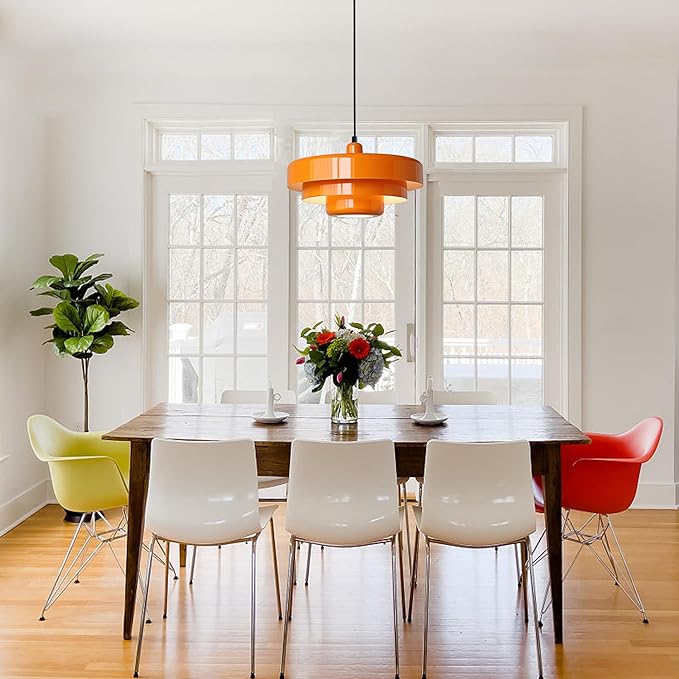Mid Century Pendant Light Fixtures Orange Ceiling Pendant Lighting 3-Layer Metal Shade Design Vintage Hanging Light Flush Mount Light for Kitchen Island Dining Table Hallway (Orange)