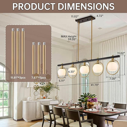 WJShome Black and Gold Farmhouse Chandelier, Dining Room Light Fixture Over Table, 5-Light Kitchen Island Lighting, Adjustable Height Linear Chandeliers, with Milk Glass Shades