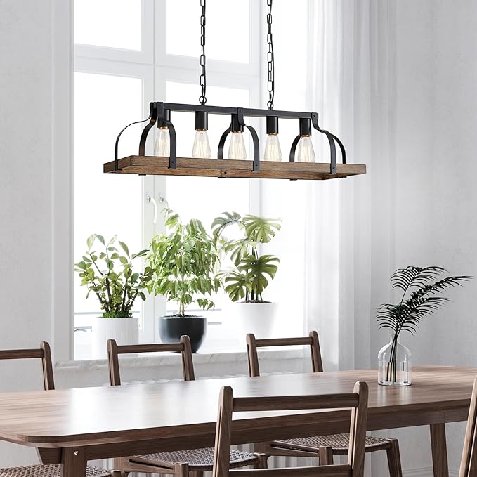WUZUPS 5-Light Metal Chandelier Imitation Wood Grain Linear Pendant Ceiling Lighting Rustic Farmhouse Fixture Kitchen Island Dining Room, H 8.5" L 31.5" W10, E26 Base, Black & Retro Wood