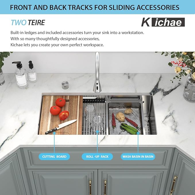 Kichae 33 Undermount Waterfall Kitchen Sink - Undermount Sink 33"x17" Ledge Workstation 16 Gauge Stainless Steel Deep Single Bowl Under Counter Handmade Basin with Faucet Combo & Wash Basin
