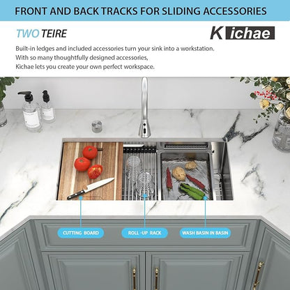 Kichae 32 Undermount Waterfall Kitchen Sink - Undermount Sink 32"x17" Ledge Workstation 16 Gauge Stainless Steel Deep Single Bowl Under Counter Handmade Basin with Wash Basin