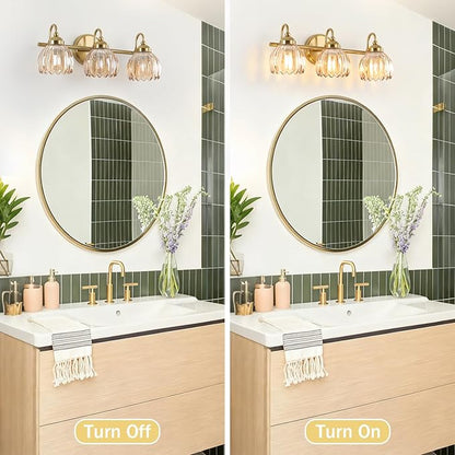 Vintage Bathroom Light Fixtures, Brass Vanity Lights with Amber Tulip Glass Shade, Vanity Sconces for Bathroom Bedroom Living Room Hallway, 3-Light