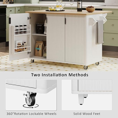 RUNNA Fluted Kitchen Island with Drop Leaf,Farmhouse Accent on Wheels with Internal Storage Rack,Rolling Cart with Towel Rack for Kitchen,Dining Room,White(White@046)