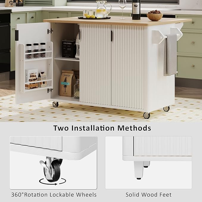 GOWE K&K 51" Fluted Kitchen Island with Drop Leaf, Farmhouse Accent Kitchen Island on Wheels with Internal Storage Rack, Rolling Kitchen Cart with Towel Rack for Kitchen, Dining Room, White Ash