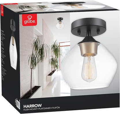 Globe Electric Harrow 1-Light Semi-Flush Mount Ceiling Light with a Matte Black Finish, Gold Accent Socket and Clear Glass Shade, Dimmable Option