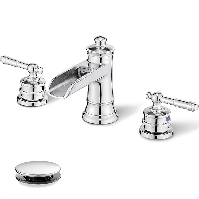 Chrome Widespread Waterfall Bathroom Faucet, Brass 3 Hole Bathroom Sink Faucet 4-16 Inch, 2 Handles with Supply Hose & Overflow Pop-Up Drain for Modern