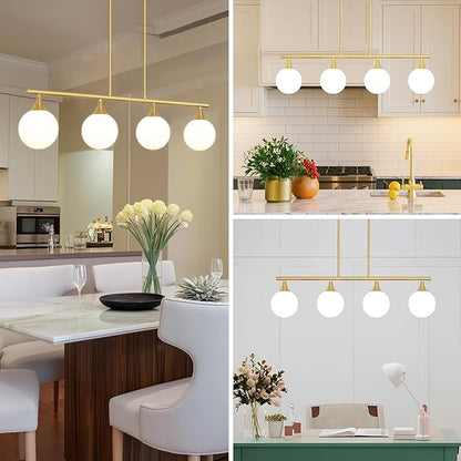 4-Light Kitchen Island Lighting, Brushed Gold Island Lights for Kitchen Adjustable Height Rods Dining Room Light Fixture over Table with White Glass Shades, Linear Chandelier for Bar Counter, G9 Base