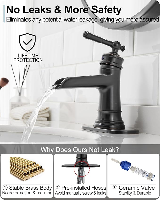 Waterfall Faucet, Brass Oil Rubbed Bronze Bathroom Faucet 1 Hole, Single Handle Bathroom Faucets, 4 Inch 3 Hole Bathroom Sink Faucet with Pop Up Drain Deck Plate & Supply Hoses for Farmhouse