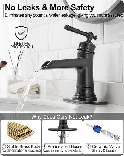 Waterfall Faucet, Brass Oil Rubbed Bronze Bathroom Faucet 1 Hole, Single Handle Bathroom Faucets, 4 Inch 3 Hole Bathroom Sink Faucet with Pop Up Drain Deck Plate & Supply Hoses for Farmhouse