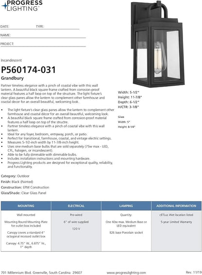Progress Lighting Grandbury Collection 1-Light Clear Glass Farmhouse Outdoor Small Wall Lantern Light Textured Black, 11.88x5.5x6.5