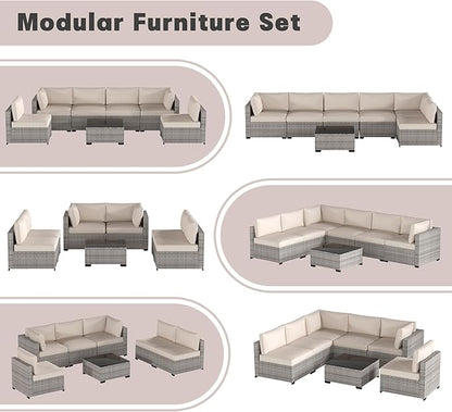 Patio Furniture Set, 7-Piece Outdoor Sectional Couch with Coffee Table & Thick Cushions, Outdoor Wicker Conversation Set for Backyard, Poolside, Garden (Grey White-White, 7 Piece-Single)