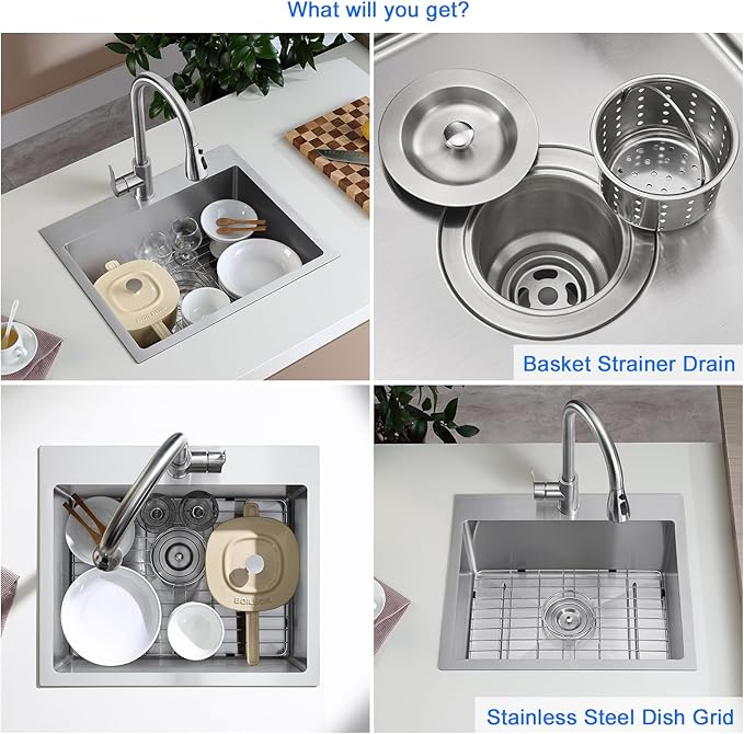 MENATT 23 Inch Drop in Kitchen Sink Brushed, Stainless Steel Single Hole Single Bowl Topmount Kitchen Sinks with Drain Strainer & Grid, D23"xW18"xH9"