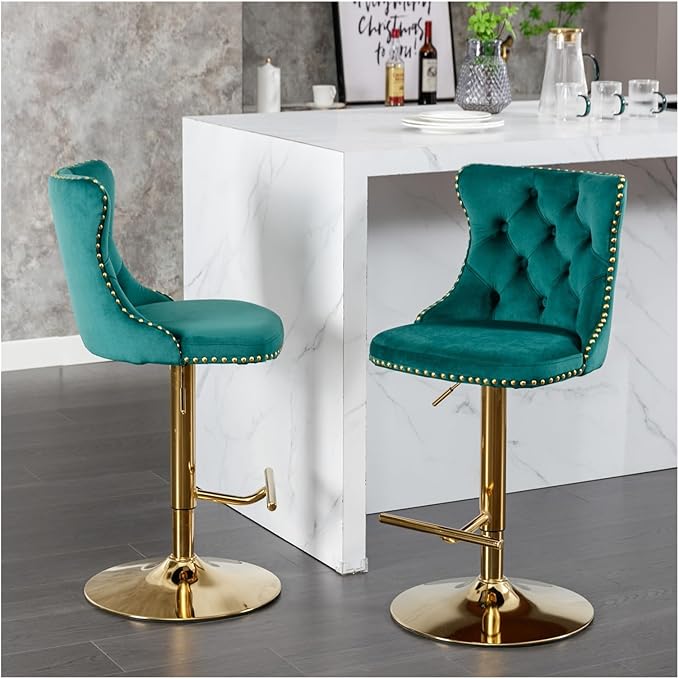 Golden Swivel Velvet Barstools Adjusatble Seat Height from 25-33 Inch,Modern Upholstered Bar Stools with Backs Comfortable Tufted for Home Pub and Kitchen Island,Green,Set of 2