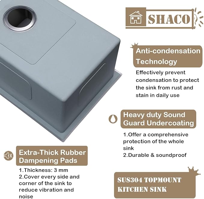 SHACO Kitchen Sink, 33x22 Inch Drop In Kitchen Sink, SUS304 Stainless Steel 33 Inch Single Bowl Top Mount Overmount Sink with Strainer Drain