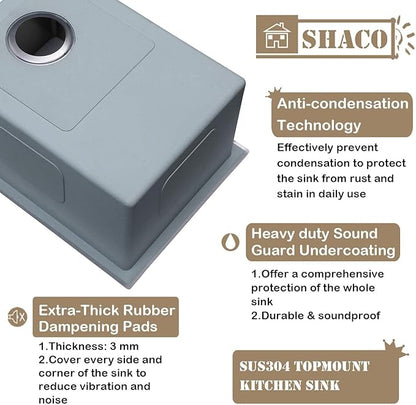 SHACO Kitchen Sink, 33x22 Inch Drop In Kitchen Sink, SUS304 Stainless Steel 33 Inch Single Bowl Top Mount Overmount Sink with Strainer Drain