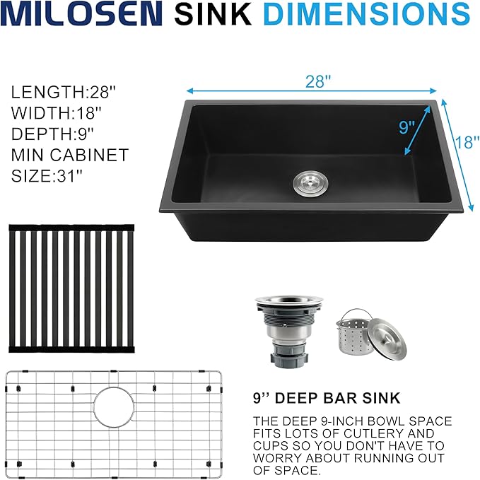 MILOSEN Black Kitchen Sink 28×18×9 Inch, Undermount/Drop In Granite Composite Quartz Single Bowl Sink, Large Deep Kitchen Sink with Custom Accessories