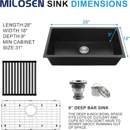 MILOSEN Black Kitchen Sink 28×18×9 Inch, Undermount/Drop In Granite Composite Quartz Single Bowl Sink, Large Deep Kitchen Sink with Custom Accessories