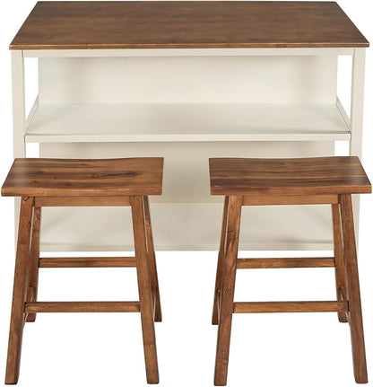 3-Piece 45" Stationary Kitchen Island Set with 2 Seatings, Butcher Block Dining Table with 2 Stools Prep Table Set with 2 Open Shelves Dining Room Table Set for Bar, Living Room, Walnut+Cream White